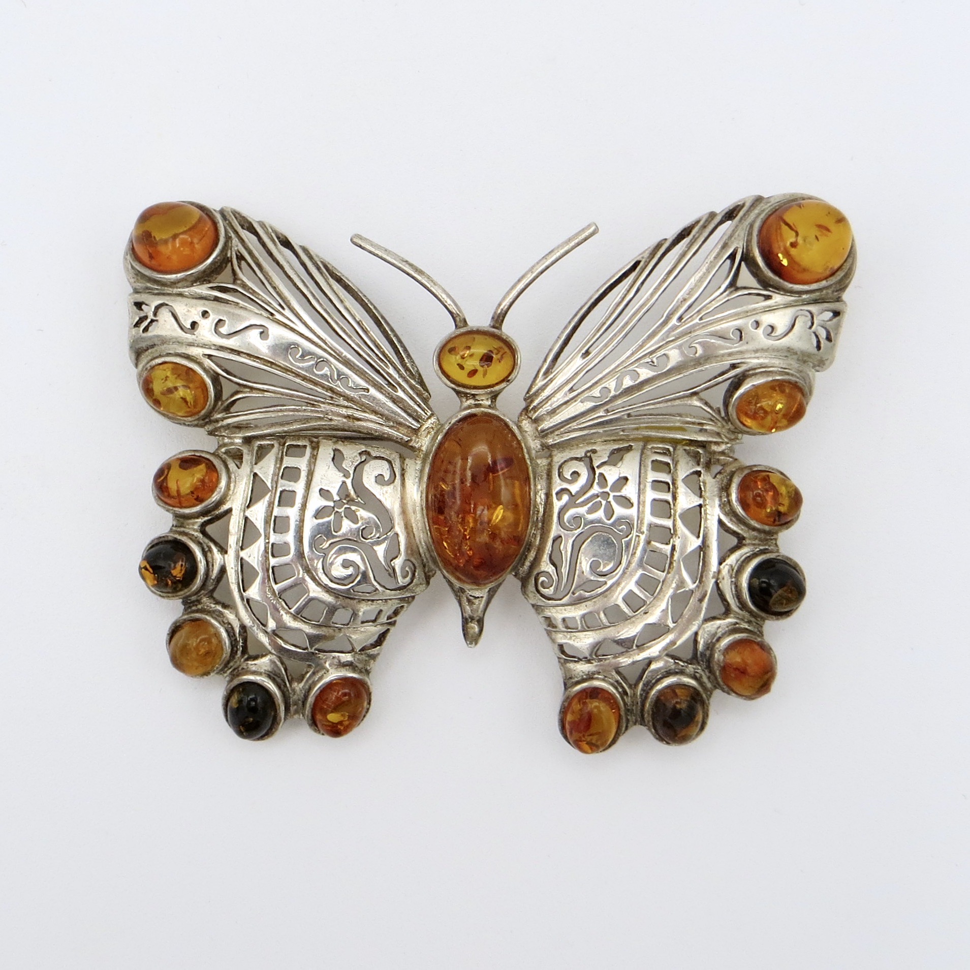 Silver & Amber Butterfly Brooch