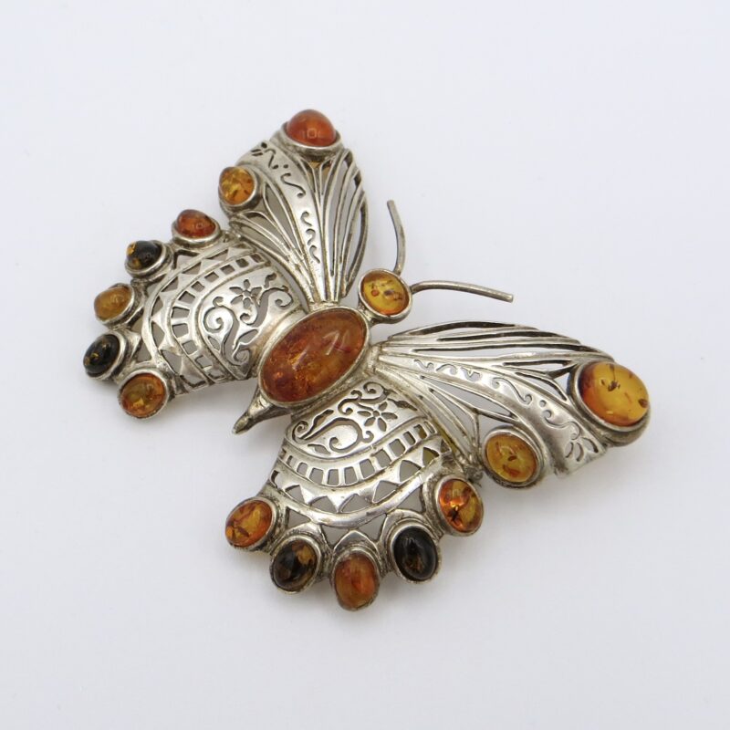 Silver & Amber Butterfly Brooch
