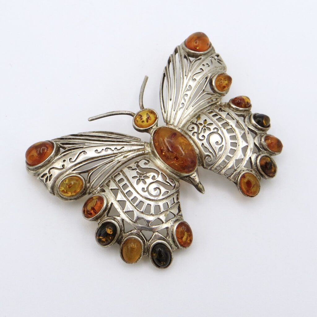Silver & Amber Butterfly Brooch