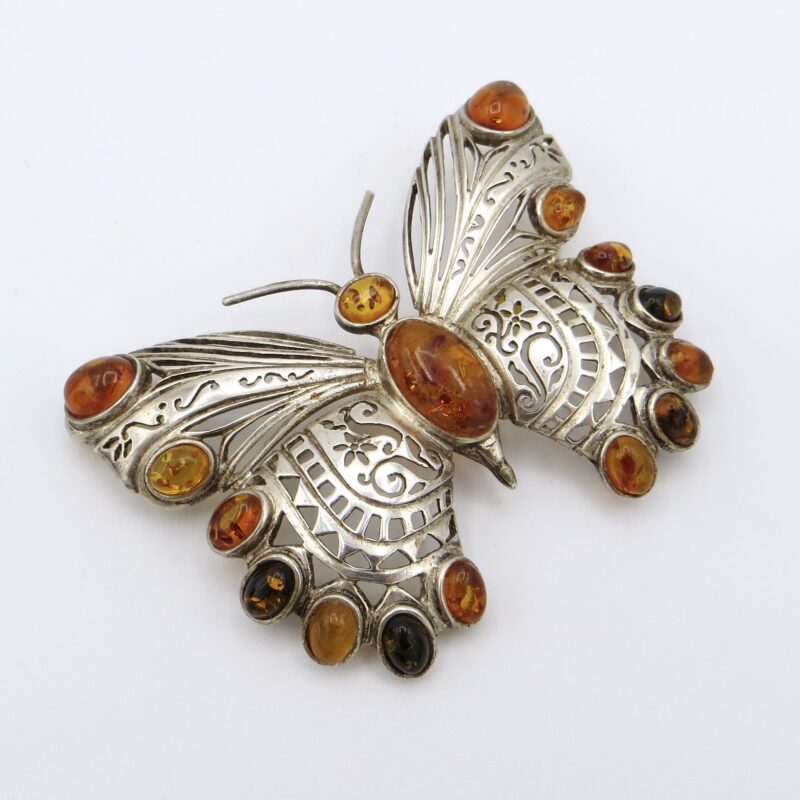 Silver & Amber Butterfly Brooch