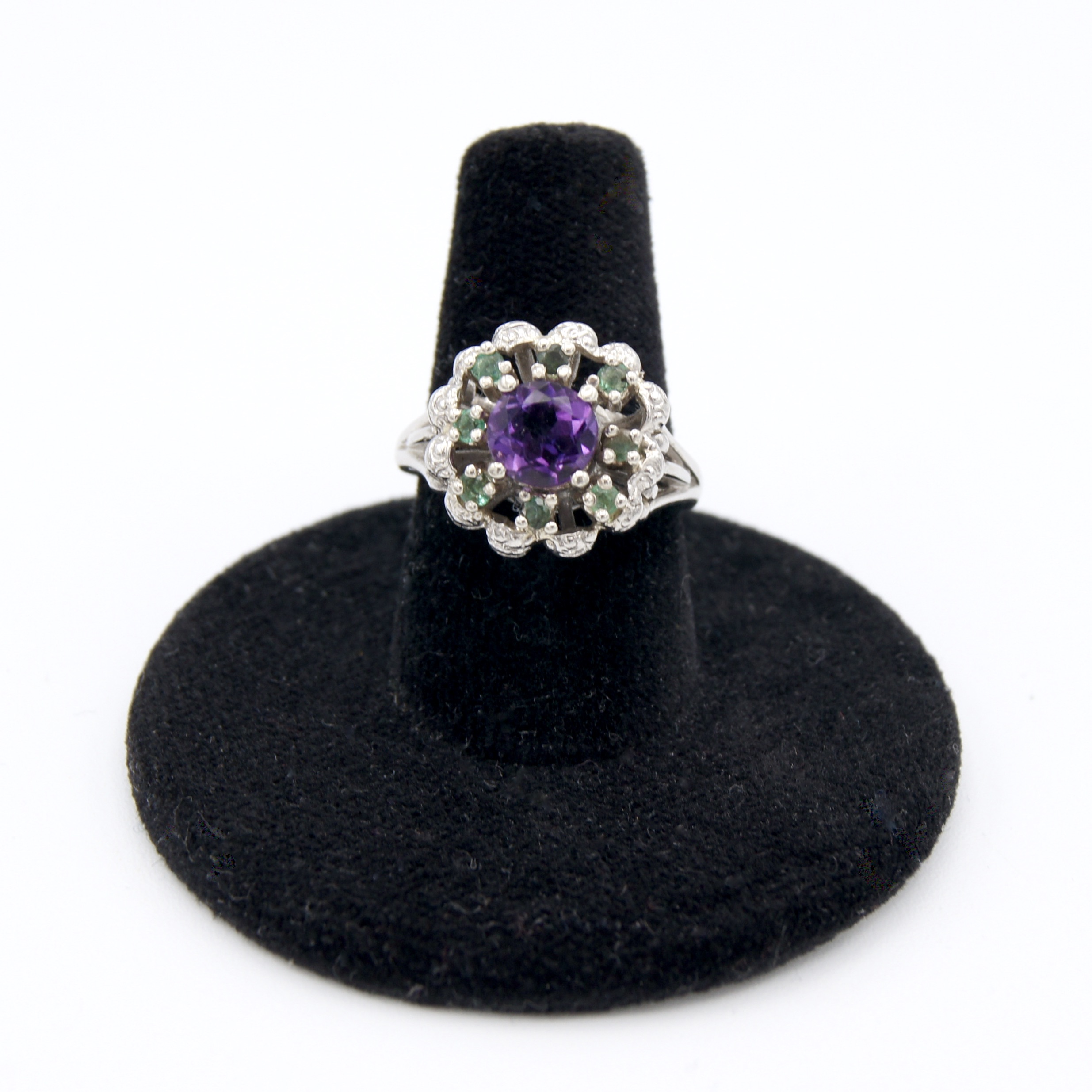 Palladium, Amethyst & Emerald Ring
